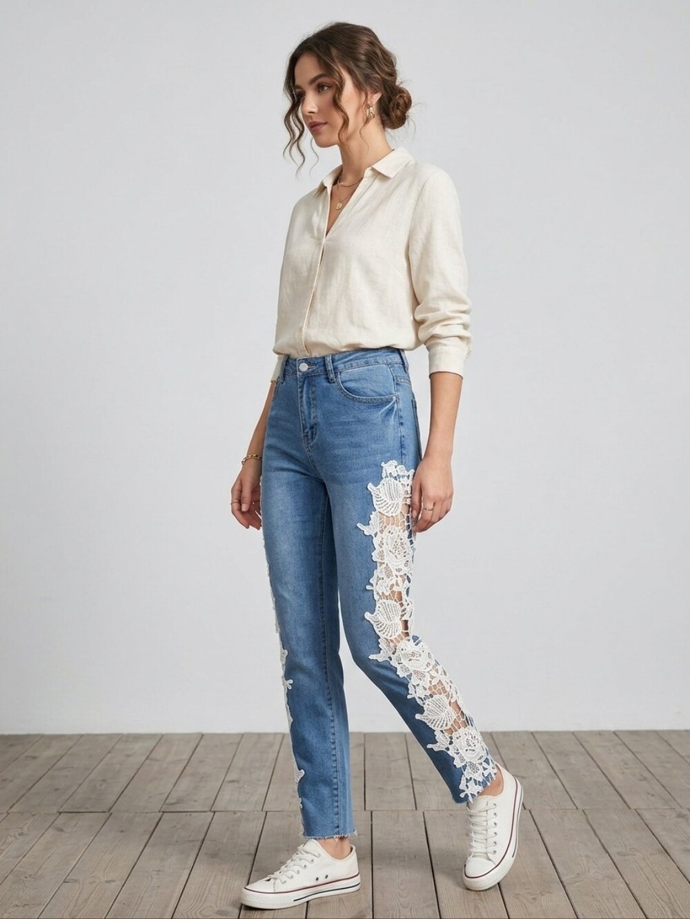 Women’s Blue Denim Jeans with White Lace Side Panels